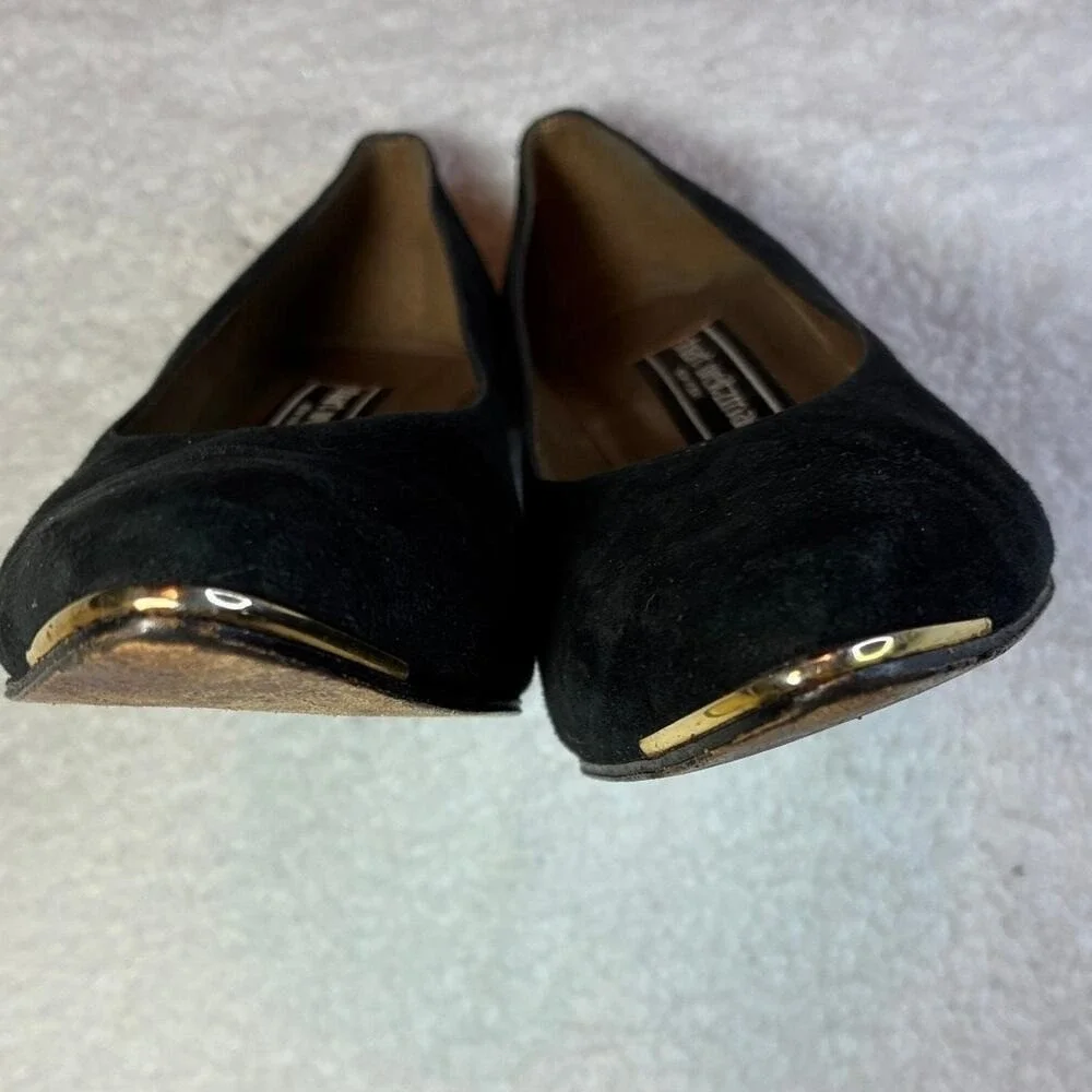 Stuart Weitzman black suede 7W heels Gold embellished‎ Elegant Quiet Luxury Glam